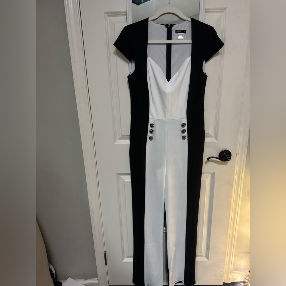 Black and white silver button detail jumpsuit